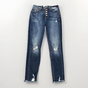KanCan Woman’s Size 5/26 High Rise Button Fly Distressed Dark Wash 26x25